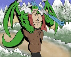  5:4 anthro belt big_muscles boots bottomwear claws clothing darkdorito dragon european_mythology evergreen_tree footwear forest green_body green_skin grizard horn huge_muscles jewelry male mountain muscular muscular_anthro muscular_male mythological_creature mythological_scalie mythology outside pants pendant pine_tree plant red_eyes scalie skiing snow solo tail topwear tree vest walking western_dragon white_body white_skin wings 