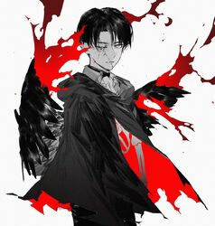  1boy blood bone cloak closed_mouth commentary_request curtained_hair greyscale highres hood hood_down levi_(shingeki_no_kyojin) male_focus monochrome one_eye_closed photoshop_(medium) scar scar_across_eye scar_on_face shingeki_no_kyojin simple_background solo spoilers spot_color standing torn_cloak torn_clothes twitter_username white_background wings yuji_(fantasia) 