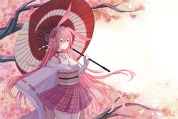  absurdres animal_ears bare_shoulders branch cherry_blossoms choker closed_mouth female fox_ears gloves hair_between_eyes hair_ornament highres holding holding_umbrella honkai_(series) honkai_impact_3rd japanese_clothes long_hair long_sleeves miko oil-paper_umbrella pink_eyes pink_hair pink_skirt skirt sky smile solo tree umbrella white_gloves yae_sakura yae_sakura_(gyakushinn_miko) yellow_sky yichuanxue 