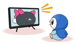  blue_eyes commentary_request no_humans notice_lines official_art open_mouth piplup pokemon pokemon_(creature) project_pochama pyukumuku sitting television toes tongue white_background 