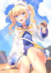  :d absurdres bag barbara_(genshin_impact) barbara_(summertime_sparkle)_(genshin_impact) blonde_hair blue_eyes blue_one-piece_swimsuit blue_sky blurry choker cloud cloudy_sky commentary_request cup depth_of_field detached_sleeves drill_hair drinking drinking_glass drinking_straw duck_print female genshin_impact hair_between_eyes handbag hat highres holding holding_cup horizon long_hair looking_at_viewer one-piece_swimsuit open_mouth outdoors sidelocks sitting skimun sky smile solo swimsuit twin_drills twintails 