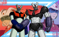  1970s_(style) 1972 2boys alternate_universe assault_visor black_eyes clenched_hands commentary_request comparison dated dual_persona handshake helmet highres joints kabuto_kouji looking_at_viewer looking_to_the_side machinery mazinger_(series) mazinger_z mazinger_z:_infinity mazinger_z_(mecha) mecha multiple_boys official_style photoshop_(medium) pilot pilot_helmet pilot_uniform redesign release_date retro_artstyle robot robot_joints science_fiction size_difference super_robot taaburu upper_body 