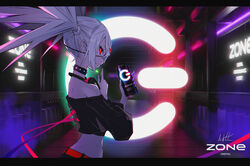  bare_shoulders belt black_collar can collar english_text eyepatch eyeshadow female fingernails glowing grey_hair highres holding holding_can long_fingernails long_hair makeup navel original palow power_symbol red_eyes signature smile solo spiked_collar spikes translucent_hair twintails 