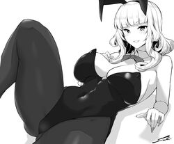  animal_ears bare_shoulders blunt_bangs blush bow bowtie breasts carmilla_(fate) cleavage covered_navel detached_collar fake_animal_ears fate/grand_order fate_(series) female fue_(rhomphair) greyscale grin highleg highleg_leotard highres large_breasts leotard long_hair looking_at_viewer monochrome pantyhose playboy_bunny rabbit_ears smile solo thighs wrist_cuffs 