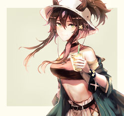  animal_ears arknights bad_id bad_pixiv_id bare_shoulders black_choker black_hair breasts choker commentary crop_top cup disposable_cup dora_(user_jnfr7827) drinking_straw ears_through_headwear fedora female green_eyes green_jacket grey_background hair_between_eyes hair_ornament hat holding holding_cup horse_ears jacket large_breasts long_hair looking_at_viewer meteor_(arknights) meteor_(bard&#039;s_holiday)_(arknights) midriff navel off_shoulder official_alternate_costume revision smile solo star_(symbol) star_hair_ornament stomach upper_body white_hat 