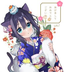  animal animal_ears animal_on_head belt bird bird_on_head black_tail blue_bird blue_eyes blue_kimono blush cat_ears cat_girl cat_tail commentary earrings female floral_print flower flower_on_head flower_ornament food fran_(tensei_shitara_ken_deshita) fruit fur_(clothing) gold_earrings hair_between_eyes hair_flower hair_ornament hand_up japanese_clothes jewelry kimono leaf light_blush mandarin_orange medium_hair on_head orange_flower parted_lips pink_flower purple_flower red_flower sayagata simple_background solo tail tensei_shitara_ken_deshita translation_request upper_body white_background white_belt white_fur yellow_flower yukata zooya 