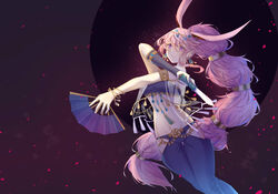  absurdres animal_ears arabian_clothes breasts dancer earrings female folding_fan fox_ears hair_between_eyes hair_ornament hand_fan harem_outfit highres holding holding_fan holding_knife honkai_(series) honkai_impact_3rd jewelry knife long_hair navel pants pink_eyes ponytail purple_pants purple_sleeves single_sleeve solo yae_sakura yichuanxue 