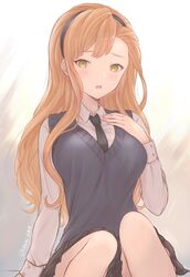  :o akina_(akn_646) bangs bare_legs blonde_hair blush breasts eyebrows eyebrows_visible_through_hair granblue_fantasy hair_ornament hairband hand_on_own_chest large_breasts long_hair long_sleeves looking_at_viewer necktie school_uniform sleeves song_(granblue_fantasy) yellow_eyes 