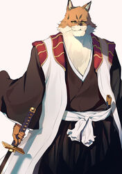  1boy black_kimono bleach brown_gloves furry furry_male gloves haori highres holding holding_sword holding_weapon ibaraki_shun japanese_clothes kimono komamura_sajin looking_at_viewer male_focus sheath sheathed solo sword taichou_haori weapon yellow_eyes zanpakutou 