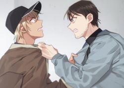  2boys amuro_tooru angry baseball_cap black_headwear black_shirt blonde_hair blue_eyes brown_hair brown_jacket casual clenched_teeth clothes_grab commentary_request confrontation eye_contact facial_hair from_side grey_background grey_jacket hair_between_eyes hat jacket jacket_grab k_(gear_labo) long_sleeves looking_at_another male_focus meitantei_conan multiple_boys scotch_(meitantei_conan) shirt short_hair simple_background stubble teeth upper_body 