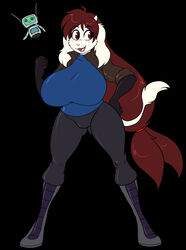  anthro big_breasts black_background boots bovid breasts brown_eyes caprine clothed clothing cosplay female footwear gianna_goat gloves goat hair handwear hi_res horn huge_breasts long_hair mammal open_mouth plushie proto_(skidd) red_hair simple_background skidd solo tail tail_tuft tuft uberquest 