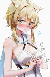  absurdres animal_ears bare_shoulders blonde_hair blush breasts cleavage commentary_request dress embarrassed female genshin_impact grey_background hair_between_eyes highres kemonomimi_mode looking_at_viewer lumine_(genshin_impact) medium_breasts medium_hair nanashinayuzu_mochi open_mouth simple_background sleeveless sleeveless_dress solo upper_body white_dress yellow_eyes 