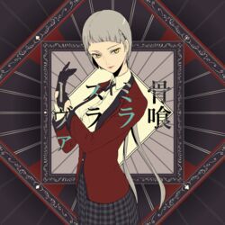  black_gloves black_skirt blazer blunt_bangs breasts character_name collared_shirt commentary cowboy_shot earrings female gingham gingham_skirt gloves grey_hair half_gloves honebami_miroslava hyakkaou_academy_school_uniform jacket jewelry kakegurui large_breasts light_smile long_sleeves looking_at_viewer parted_lips pink_lips pleated_skirt red_jacket school_uniform shirt short_hair_with_long_locks skirt solo stud_earrings translated white_shirt yellow_eyes zabuton_dorobou 