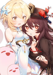  2girls bad_id bad_pixiv_id bare_shoulders bead_bracelet beads blonde_hair blush boo_tao_(genshin_impact) bracelet breasts brown_hair closed_eyes dress flower genshin_impact ghost hair_flower hair_ornament hat hat_flower highres hu_tao_(genshin_impact) index_finger_raised jewelry long_sleeves looking_at_viewer lumine_(genshin_impact) multiple_girls nail_polish open_mouth red_eyes ring simple_background small_breasts smile star-shaped_pupils star_(symbol) sweatdrop symbol-shaped_pupils thighhighs top_hat usanta white_background white_dress yellow_eyes 