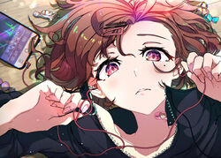  blush brown_hair candy cellphone earbuds earphones female food hair_ornament hairclip highres higuchi_madoka idolmaster idolmaster_shiny_colors indoors looking_at_viewer lying nail_polish on_back on_floor phone purple_eyes raised_eyebrow smartphone solo under_covers upper_body yamabuki_ryuu 