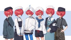  1boy 5others absurdres ahoge apron baker_nemo_(fate) baker_nemo_(fate)_(cosplay) blush braid captain_nemo_(fate) captain_nemo_(fate)_(cosplay) collarbone collared_shirt cosplay crossdressing engineer_nemo_(fate) engineer_nemo_(fate)_(cosplay) fate/grand_order fate_(series) fuuma_kotarou_(fate) fuuma_kotarou_(shinobi_attire_for_summer_enjoyment)_(fate) glasses hair_over_eyes hair_over_one_eye hat highres looking_at_viewer male_focus marine_nemo_(fate) marine_nemo_(fate)_(cosplay) multiple_others multiple_persona nemo_(fate) nurse nurse_cap nurse_nemo_(fate) nurse_nemo_(fate)_(cosplay) omiyacha open_mouth otoko_no_ko pantyhose professor_nemo_(fate) professor_nemo_(fate)_(cosplay) round_eyewear sailor_collar shirt shorts single_braid sleeves_past_fingers sleeves_past_wrists smile suspenders white_shirt 