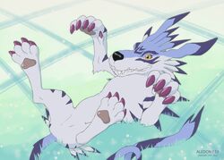  2017 4_toes aledonrex ambiguous_gender bandai_namco black_nose blue_body blue_fur blue_markings curled_tail dewclaw digimon digimon_(species) feathers feet feral fur garurumon grey_pawpads head_markings looking_at_viewer lying markings pawpads sharp_teeth signature smile solo tail teeth toes 