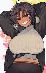  :d ahoge arms_behind_head arms_up bag_charm black_jacket black_skirt blush bon_(vtuber) breasts brown_hair brown_pantyhose charm_(object) commission crop_top cross cross_earrings dark-skinned_female dark_skin ear_piercing earrings fanny_pack female fur-trimmed_jacket fur_trim grey_eyes grin hair_between_eyes highres indie_virtual_youtuber jacket jewelry large_breasts looking_at_viewer midriff_peek multicolored_hair navel pantyhose piercing pink_hair ribbed_sweater short_hair skeb_commission skirt smile solo streaked_hair sweater teeth turtleneck turtleneck_sweater upper_body virtual_youtuber white_sweater yugami_gooshu 