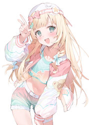  :d absurdres aqua_eyes backwards_hat blonde_hair blunt_bangs blush bow braid collarbone commentary crop_top female green_shorts hair_ornament hairbow hana_mori hand_up hat highres hololive jacket kazama_iroha kazama_iroha_(streetwear) leaf_hair_ornament leaning_forward letterman_jacket long_hair looking_at_viewer midriff navel official_alternate_costume open_mouth pastel_colors raccoon_hair_ornament shorts smile solo standing teeth thigh_strap upper_teeth_only v very_long_hair virtual_youtuber white_bow white_hat yume_kawaii 