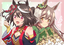  2girls ahoge animal_ears black_hair blush breasts brown_hair cleavage commentary_request hair_ornament highres horse_ears horse_girl kitasan_black_(umamusume) long_hair long_sleeves looking_at_viewer medium_breasts medium_hair multiple_girls portrait red_eyes satono_diamond_(umamusume) simple_background tsuji_tomoko umamusume yellow_eyes 