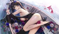  absurdres ah_(pixiv62888100) azur_lane black_hair breasts feet female flower highres japanese_clothes looking_at_viewer musashi_(azur_lane) rose sideboob thighs yellow_eyes 