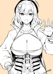  ahoge ammunition anis_(nikke) beret blush breasts cat_hair_ornament cleavage female fingerless_gloves fue_(rhomphair) gloves goddess_of_victory:_nikke greyscale_with_colored_background hair_ornament hat highres jacket large_breasts long_sleeves looking_at_viewer open_clothes open_jacket open_mouth short_hair smile solo underbust waving yellow_background 