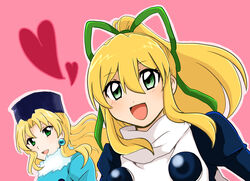  2girls absurdres aika17962240 bad_id bad_pixiv_id black_headwear black_sleeves blonde_hair blue_dress buttons commentary_request dress fur-trimmed_collar fur_hat fur_trim green_eyes green_ribbons hat heart highres kalinka_cossack_(mega_man) long_hair long_sleeves mega_man_(classic) mega_man_(series) multiple_girls open_mouth pink_background ponytail ribbon rockman_xover roll_(mega_man) upper_body ushanka 