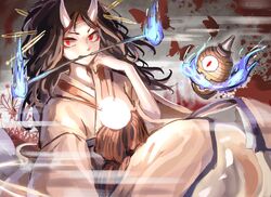  1other androgynous black_hair blue_fire burabura candle fire ghost ghost_tail hairband hemo_(hemoroda) horns japanese_clothes kimono lantern len&#039;en mouth_hold one-eyed other_focus paper_lantern red_eyes short_hair solo taira_no_chouki traditional_youkai 