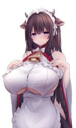  absurdres animal_ears azur_lane bare_shoulders blush breasts brown_hair cow_girl embarrassed female hair_ornament hands_on_own_chest highres huge_breasts kashino_(azur_lane) kashino_(maid_for_mayhem)_(azur_lane) long_hair looking_at_viewer official_alternate_costume purple_eyes solo standing white_background yuuki_shuri 