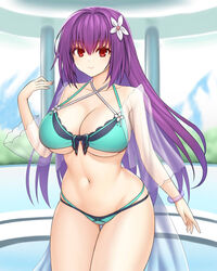  asamura_hiori bare_shoulders bikini black_bikini breasts cleavage collarbone fate/grand_order fate_(series) female flower green_bikini hair_between_eyes hair_flower hair_ornament highres large_breasts long_hair long_sleeves looking_at_viewer navel open_clothes open_shirt purple_hair red_eyes scathach_(fate) scathach_skadi_(fate) scathach_skadi_(swimsuit_ruler)_(fate) scathach_skadi_(swimsuit_ruler)_(final_ascension)_(fate) see-through smile solo swimsuit thighs two-tone_bikini 