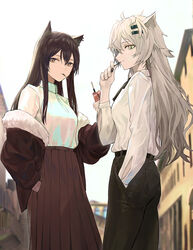  2girls absurdres alternate_costume animal_ears arknights ass belt black_hair black_nails black_pants black_ribbon blurry blurry_background breasts brown_jacket brown_skirt casual closed_mouth collared_shirt commentary cowboy_shot day dress_shirt earrings eating food from_side fur-trimmed_jacket fur_trim grey_hair hair_between_eyes hair_ornament hairclip hand_in_pocket highres jacket jewelry koio lappland_(arknights) long_hair long_skirt long_sleeves looking_at_viewer medium_breasts messy_hair mouth_hold multiple_girls nail_polish neck_ribbon off_shoulder outdoors pants pleated_skirt pocky profile ribbon shirt sidelocks skirt smile straight_hair texas_(arknights) white_shirt wolf_ears yellow_eyes 