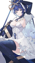  absurdres blue_eyes blue_gloves blue_hair breasts cleavage commission dress elbow_gloves fanshu female gloves highres holding holding_sword holding_weapon image_sample looking_at_viewer medium_breasts original parted_lips sample_watermark short_hair simple_background solo sword thighs weapon white_background white_dress 