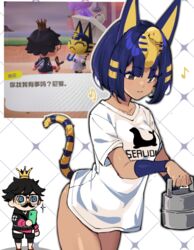  1boy animal_crossing animal_ears ankh_earrings ankha_(animal_crossing) black_eyes black_hair blue_eyes blue_hair bob_cut bottomless cat_ears cat_tail cellphone chibi chinese_text closed_eyes egyptian eyeliner facial_hair female glasses hair_ornament looking_away makeup moustache musical_note phone reference_inset shirt short_hair snake_hair_ornament tail translated villager_(animal_crossing) white_background white_shirt wulazula 