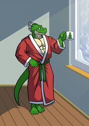  anthro bathrobe christmas christmas_tree claws clothing container cup dilgearwolfang dragon dress european_mythology grizard hi_res holidays horn inside male muscular muscular_anthro muscular_male mythological_creature mythological_scalie mythology plant red_clothing red_dress red_eyes robe scalie snow solo tail tree western_dragon window 