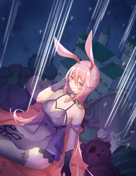  :o absurdres alternate_hairstyle animal_ears asymmetrical_gloves bare_shoulders black_gloves black_thighhighs cushion dress female fox_ears gloves hair_between_eyes hand_on_own_cheek hand_on_own_face highres honkai_(series) honkai_impact_3rd long_hair mismatched_gloves open_mouth pillow pink_hair purple_dress purple_eyes purple_gloves sitting sleeveless sleeveless_dress solo sparkle stuffed_animal stuffed_toy teddy_bear thighhighs yae_sakura yae_sakura_(flame_sakitama) yichuanxue 