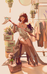  antenna_hair bar_stool bare_legs bare_shoulders black_bow blush bow brown_hair cardcaptor_sakura clothes_hanger clothes_rack collarbone commentary_request dress female flat_chest flower full_body green_eyes hair_ornament high_heels highres indoors jewelry kinomoto_sakura legs looking_at_viewer necklace open_mouth pixiescout plant potted_plant shoes short_hair sitting smile solo staff stool strappy_heels thighs white_dress white_footwear winged_wand yume_no_tsue 