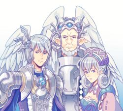  2boys armor breasts brother_and_sister cape family father_and_daughter father_and_son female gradient_background hallo-byby hat head_wings headpiece kallian_antiqua medium_breasts melia_antiqua multiple_boys short_hair siblings sorean_antiqua upper_body white_background white_hair wings xenoblade_chronicles_(series) xenoblade_chronicles_1 