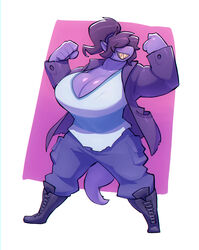  2022 anthro big_breasts bigdad boots bottomwear bra_outline breasts brown_hair cleavage clothed clothing deltarune female flexing footwear fully_clothed grin hair hair_over_eyes hi_res huge_breasts humanoid_pointy_ears jacket non-mammal_breasts obscured_eyes pants plantigrade ponytail reptile scalie sharp_teeth shirt smile solo susie_(deltarune) tail teeth thick_tail thick_thighs topwear torn_clothing torn_jacket torn_shirt torn_topwear undertale_(series) 