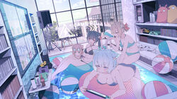  4girls afloat ahoge animal_ear_fluff animal_ears aqua_bikini aqua_eyes ball beachball bikini black_bikini black_hair blue_bikini blush bookshelf braid breasts brown_hair caustics chair cleavage closed_mouth commentary controller criss-cross_halter cup english_commentary eyewear_on_head game_console game_controller gamecube grey_hair hair_ribbon halterneck handheld_game_console highres hoji_(hooooooooji1029) holding holding_controller holding_game_controller holding_handheld_game_console indoors innertube light_frown long_hair looking_at_another looking_away lying medium_breasts minifridge multiple_girls navel nintendo_64 nintendo_switch on_stomach open_mouth original pink_hair playing_games pool purple_eyes red_eyes red_ribbon ribbon round_eyewear rubber_duck short_hair sign sitting smirk soda_bottle stomach stuffed_toy sunglasses swim_ring swimsuit television warning_sign water yellow_eyes 