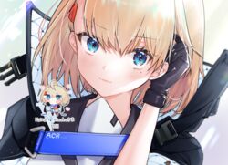  acr_(girls&#039;_frontline) black_gloves blonde_hair blue_eyes blush buckle chibi chibi_inset closed_mouth female girls&#039;_frontline gloves hair_between_eyes hair_ornament hairclip mole mole_under_eye smile snap-fit_buckle solo uhhgaoh 