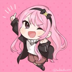  1boy blush_stickers boots chibi commentary_request hair_ornament hairband holostars index_finger_raised jacket jumping long_hair long_sleeves male_focus nokachoco114 one_eye_closed open_mouth pink_background pink_hair purple_eyes shorts solo sweater tsukishita_kaoru v-shaped_eyebrows virtual_youtuber 