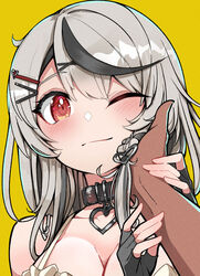  1other black_gloves blush breasts camisole carillus cleavage commentary cowlick female fingerless_gloves frilled_camisole frills gloves hair_ornament hairclip hand_on_another&#039;s_cheek hand_on_another&#039;s_face hands_up heart_collar heart_pendant highres hololive looking_at_viewer one_eye_closed portrait pov red_eyes sakamata_chloe sakamata_chloe_(1st_costume) smile variant_set virtual_youtuber white_camisole yellow_background 