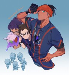  &gt;_&lt; 3boys :d ? bespectacled black_hair blue_shirt blue_shorts brown_eyes brown_hair closed_eyes closed_mouth collared_shirt commentary_request cosplay dark-skinned_male dark_skin earrings glasses gloves goomy gym_trainer_(pokemon) gym_trainer_(pokemon)_(cosplay) hand_on_own_hip holding holding_pokemon hop_(pokemon) jangmo-o jewelry kmtk male_focus multiple_boys open_mouth orange_headwear partially_fingerless_gloves pokemon pokemon_(creature) pokemon_swsh purple_hair raihan_(pokemon) shirt short_hair short_sleeves shorts single_glove smile teeth tongue trembling undercut victor_(pokemon) 