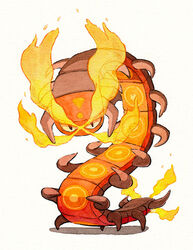  centiskorch commentary creature english_commentary full_body gen_8_pokemon looking_at_viewer no_humans oliver_hamlin pokemon pokemon_(creature) simple_background solo standing traditional_media watercolor_(medium) white_background 