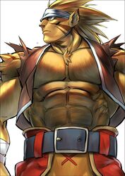  1boy abs animal_ears bara bare_shoulders belt blue_belt body_fur breath_of_fire breath_of_fire_iii chest_hair headband jacket large_pectorals male_focus mennsuke muscular muscular_male open_clothes open_jacket pectoral_cleavage pectorals red_jacket rei_(breath_of_fire) short_hair sleeveless sleeveless_jacket solo spiked_hair stomach strongman_waist tiger_boy tiger_ears tiger_stripes torn_clothes torn_jacket upper_body yellow_fur 