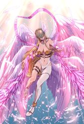  angel angel_wings angewomon anklet asymmetrical_clothes asymmetrical_footwear bare_shoulders belt blonde_hair bodysuit breasts cleavage closed_mouth commentary_request covered_collarbone covered_eyes digimoji digimon digimon_(creature) elbow_gloves feathered_wings feathers female full_body gloves hagoromo helmet helmet_over_eyes holy_ring jewelry large_breasts light_rays long_hair mismatched_footwear multiple_wings navel o-ring o-ring_belt shawl single_elbow_glove solo tako_kagerou thigh_strap white_bodysuit white_footwear winged_helmet wings wrist_wings zipper 