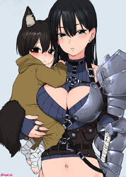  1boy :&lt; age_difference animal_ear_fluff animal_ears armor bandaged_leg bandages between_breasts black_hair blue_eyes blush breastplate breasts brown_eyes cat_ears cleavage cleavage_cutout closed_mouth cloth clothing_cutout commentary ear_piercing earrings female gauntlets gradient_background grey_background hair_down harness highres hood hood_down jewelry knight large_breasts lolicon long_sleeves looking_at_viewer midriff navel noah_(onna_kishi_to_kemonomimi_no_ko) olivia_(onna_kishi_to_kemonomimi_no_ko) onee-shota onna_kishi_to_kemonomimi_no_ko orange_eyes parted_lips pauldrons piercing pouty_lips ring shoulder_armor single_pauldron size_difference stomach straight strap_between_breasts stud_earrings sword tail turbo_engine_(rakugaki_tabo) upper_body weapon 