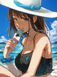  beach bikini bikini_top_only blue_eyes braid breasts brown_hair card charlotte_corday_(fate) charlotte_corday_(swimsuit_caster)_(fate) charlotte_corday_(swimsuit_caster)_(first_ascension)_(fate) commentary_request fate/grand_order fate_(series) female hat highres large_breasts nagashino_ekache outdoors playing_card scrunchie smile sun_hat swimsuit wrist_scrunchie 