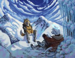  absurd_res anthro boots canid canine canis clothed clothing cloud coat diesel_(dieselrulez) drawing drawing_tablet duo electronics felid feline footwear halo hi_res male mammal momamo mountain open_mouth outside sitting sky smile snow topwear wolf 