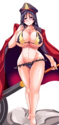  bikini blush breasts commentary_request cosplay curvy fate/grand_order fate_(series) female huge_breasts katana long_hair looking_at_viewer minamoto_no_raikou_(fate) misakana oda_nobunaga_(fate) oda_nobunaga_(swimsuit_berserker)_(fate) oda_nobunaga_(swimsuit_berserker)_(fate)_(cosplay) over_shoulder parted_bangs purple_eyes purple_hair swimsuit sword very_long_hair weapon 